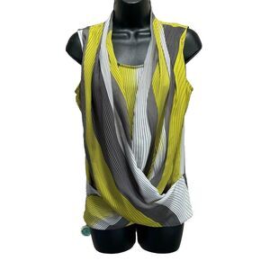 Alfani Chiffon Lines/Waves Yellow/White/Gray Faux Wrap Sleeveless Blouse Size 4P